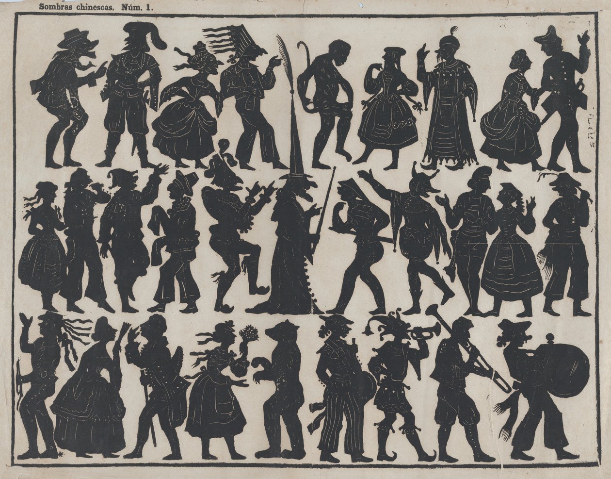 Blad 1 van figuren voor Chinese schaduwpoppen, ca. 1850-70 door Juan Llorens