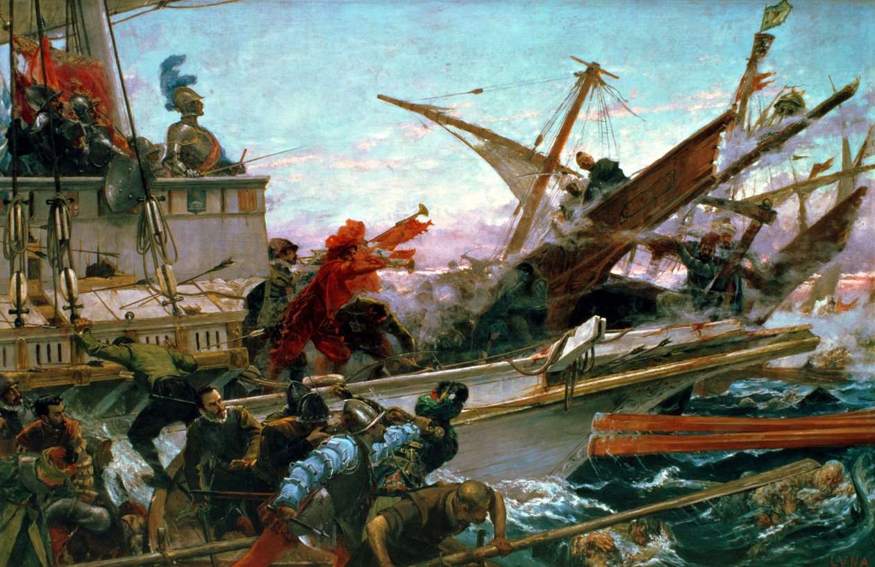 De Zeeslag bij Lepanto, gevoerd door Don Juan van Oostenrijk (1547-78) in 1571 door Juan Luna y Novicio