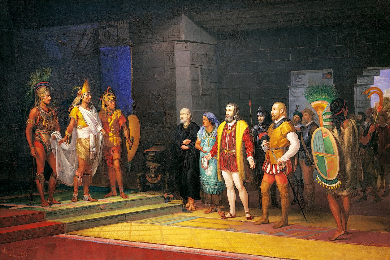 Hernan Cortez ontmoet Montezuma in Mexico door Juan Ortega