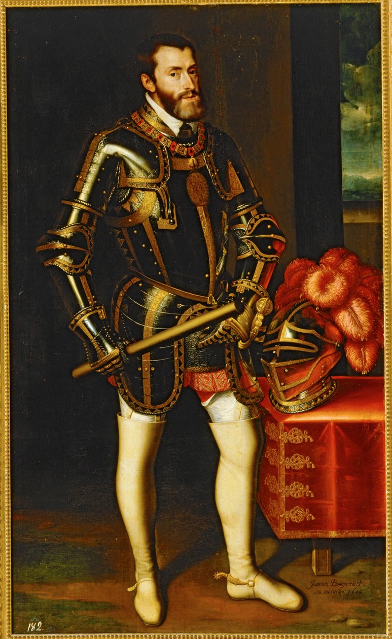 Portret van keizer Karel V ... (schilderij op doek) door Juan Pantoja de la Cruz