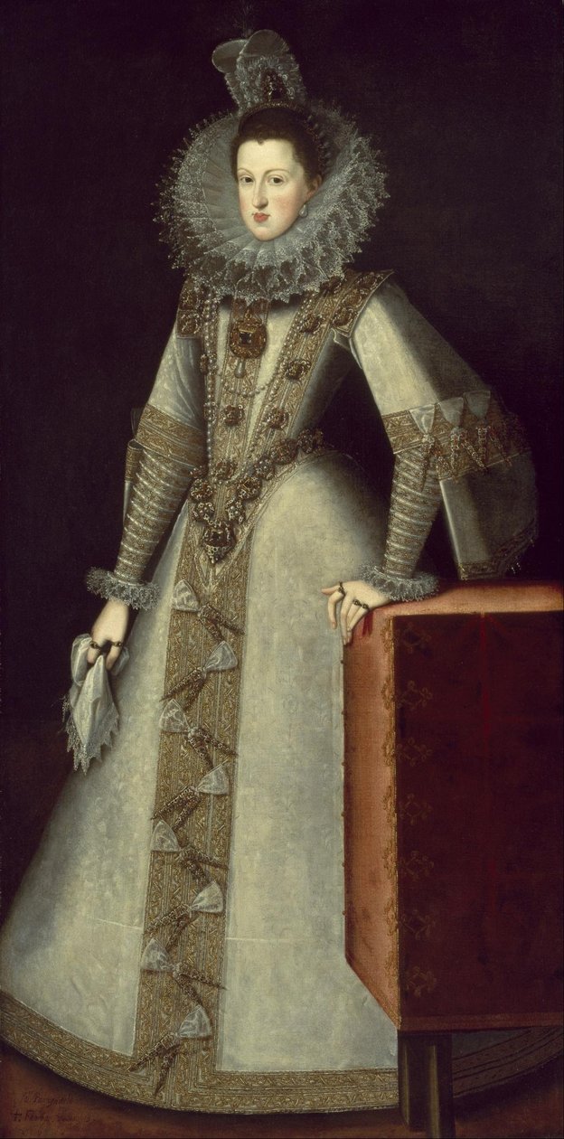 Portret van Margaretha van Oostenrijk (1584-1611), koningin van Spanje. door Juan Pantoja de la Cruz