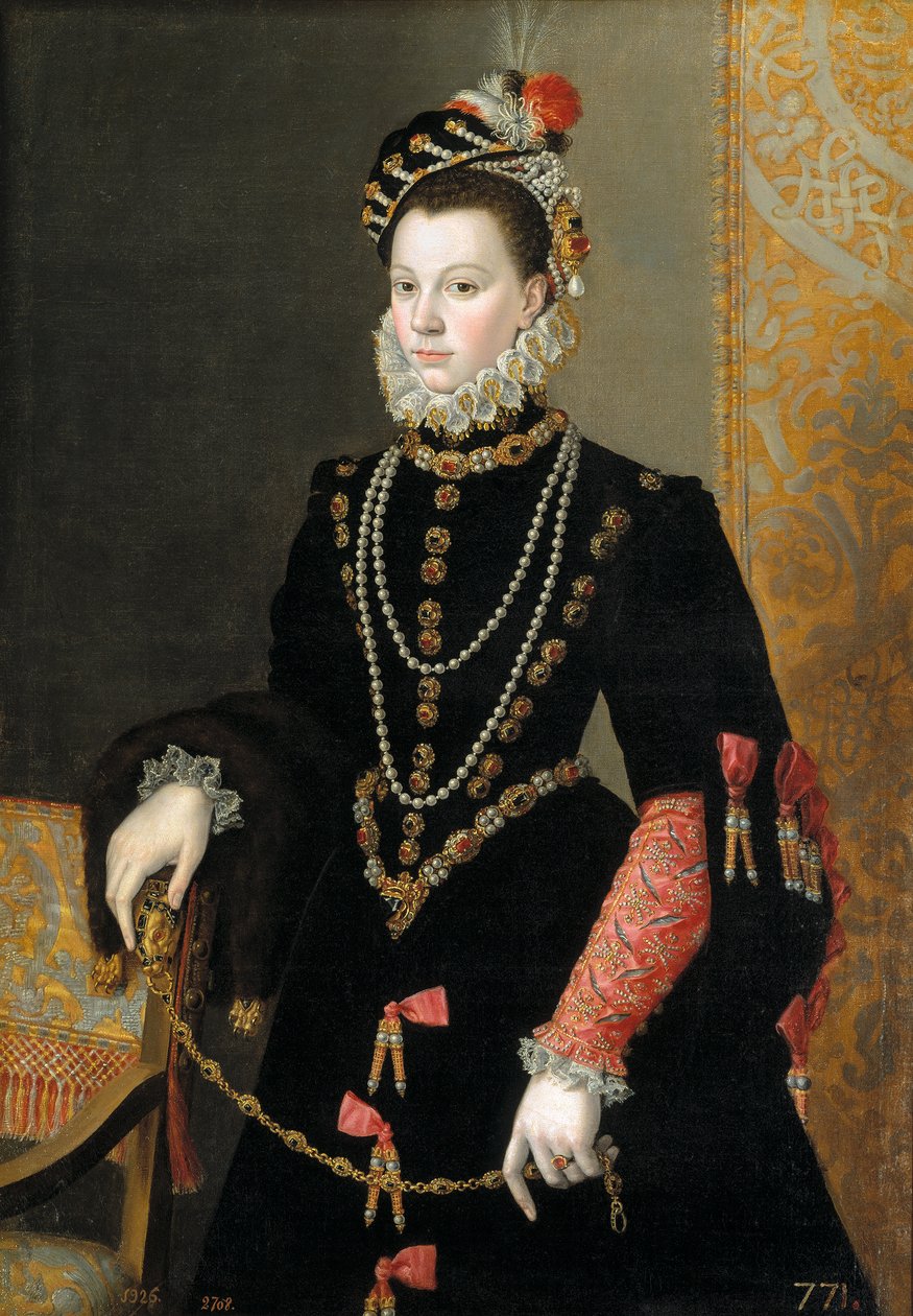 Spaans:  La reina Isabel de Valois, tercera esposa de Felipe II Koningin Elisabeth van Valois, derde vrouw van Filips II door Juan Pantoja de la Cruz