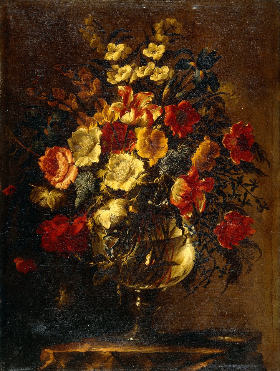 Bloemen in een glazen vaas op een rots door Juan de Arellano
