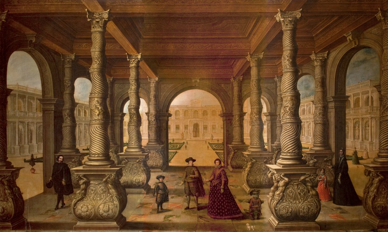 Filips IV en zijn koningin in een zuilengang door Juan de la Corte