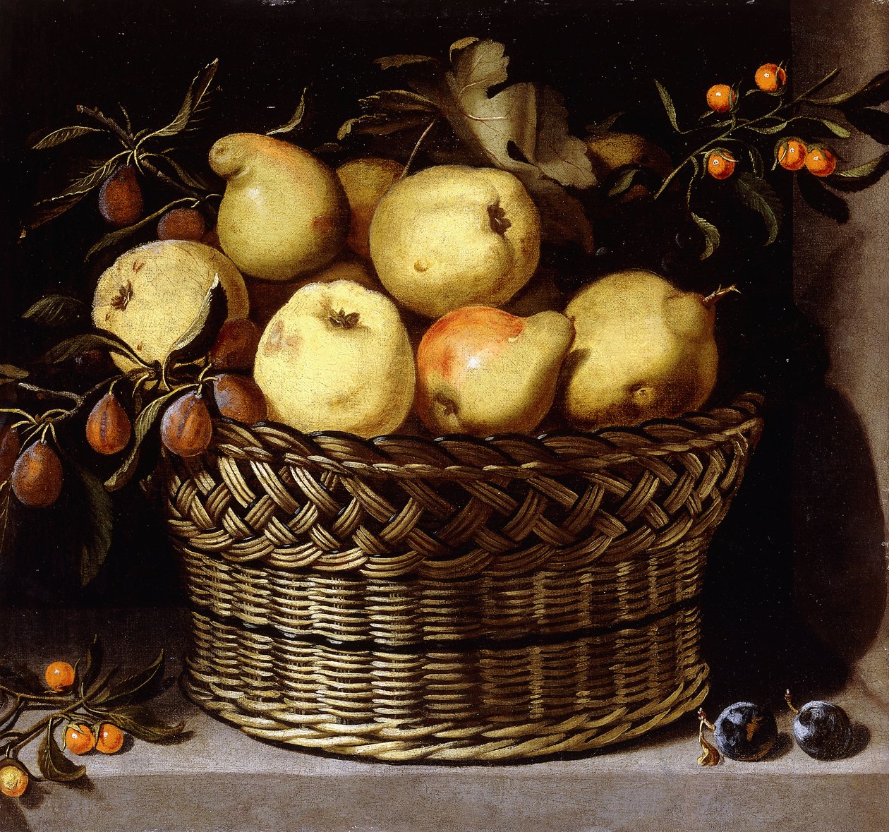 Een rieten mand met fruit op een stenen richel door Juan van der Hamen y Leon