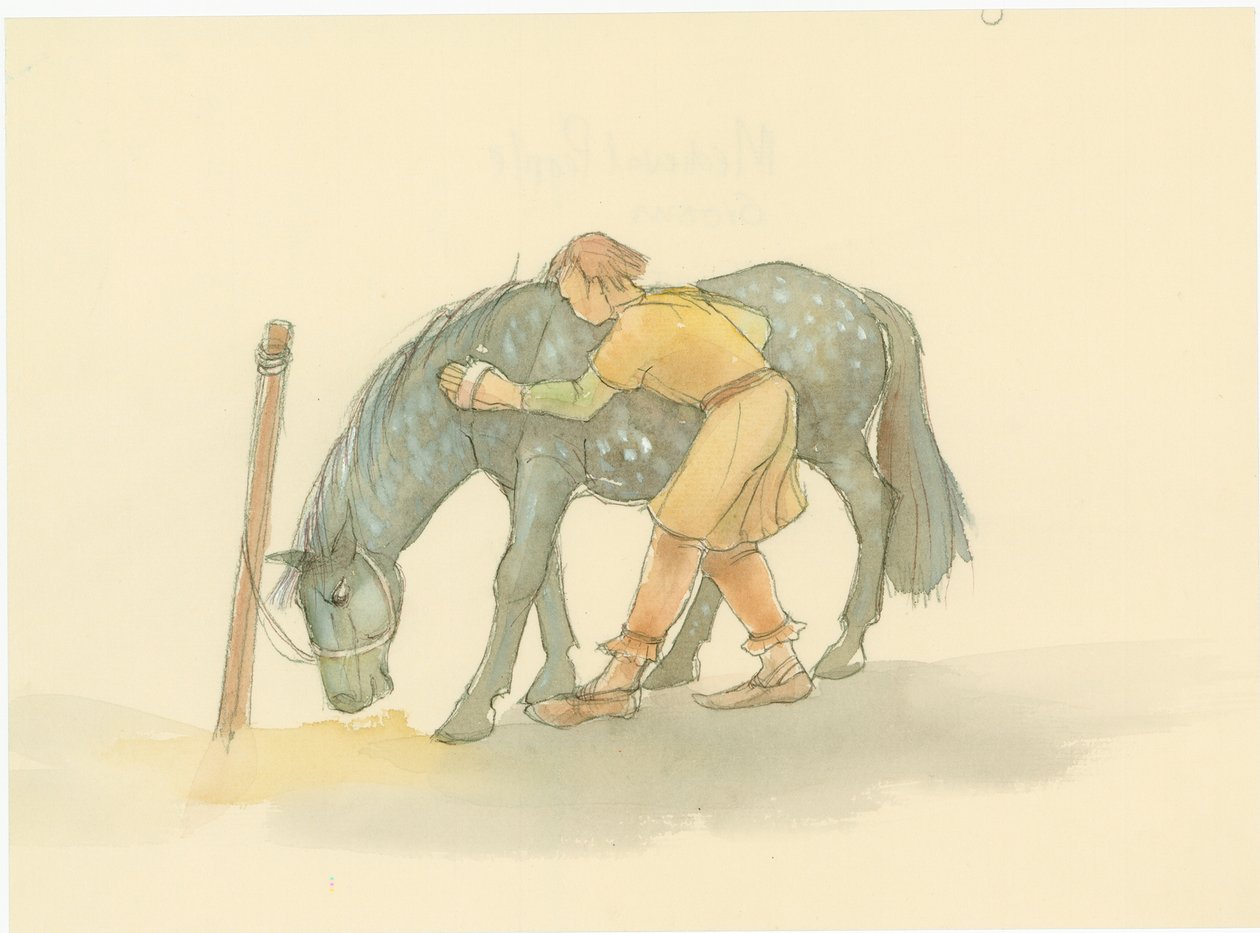 Een middeleeuwse stalknecht borstelt een paard, 2004 door Judith Dobie