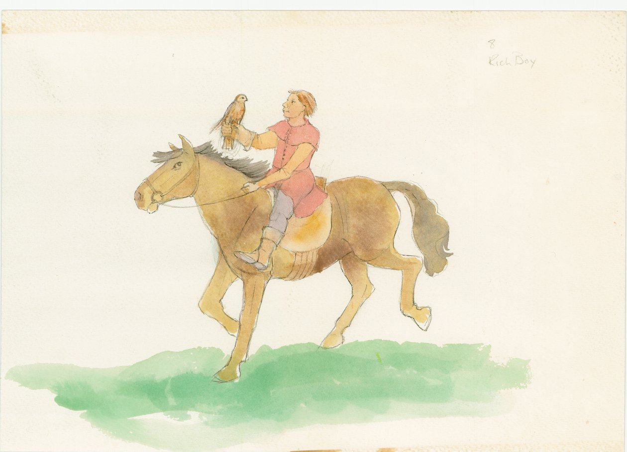 Een middeleeuwse man, afgebeeld rijdend op een paard met een roofvogel op zijn arm, 2004 door Judith Dobie
