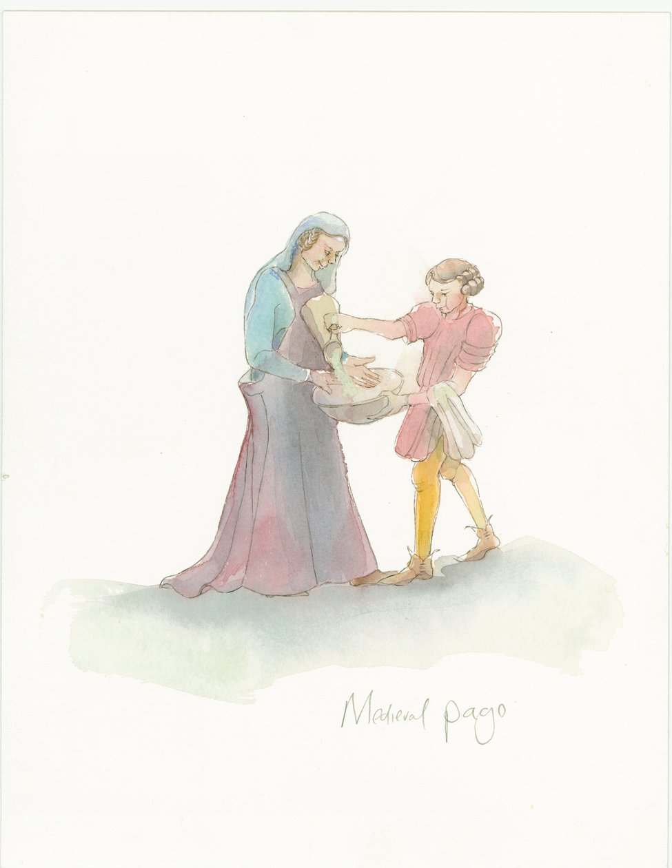 Een middeleeuwse page helpt een dame haar handen te wassen door Judith Dobie