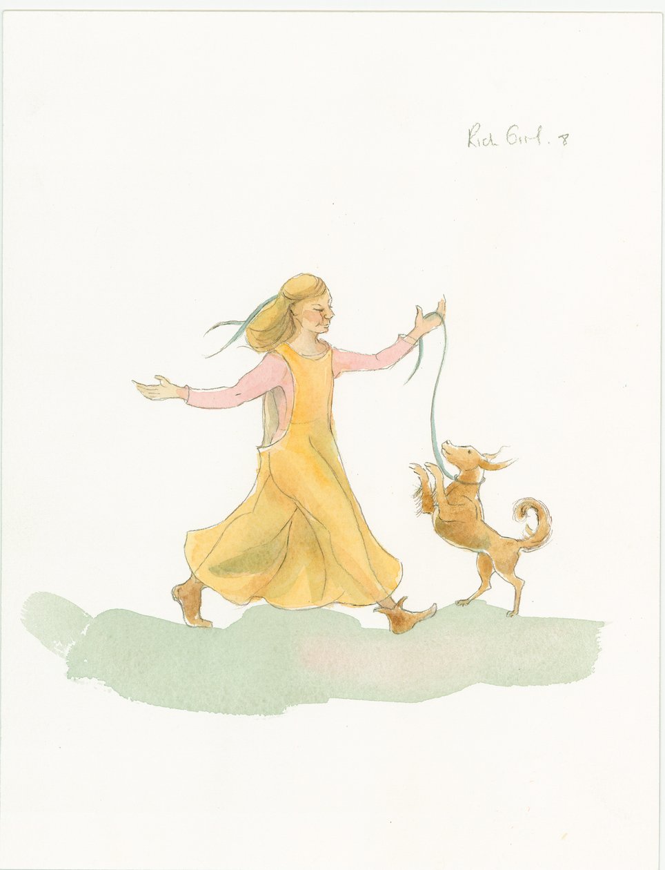Een Middeleeuwse Vrouw die met een Hond Speelt door Judith Dobie