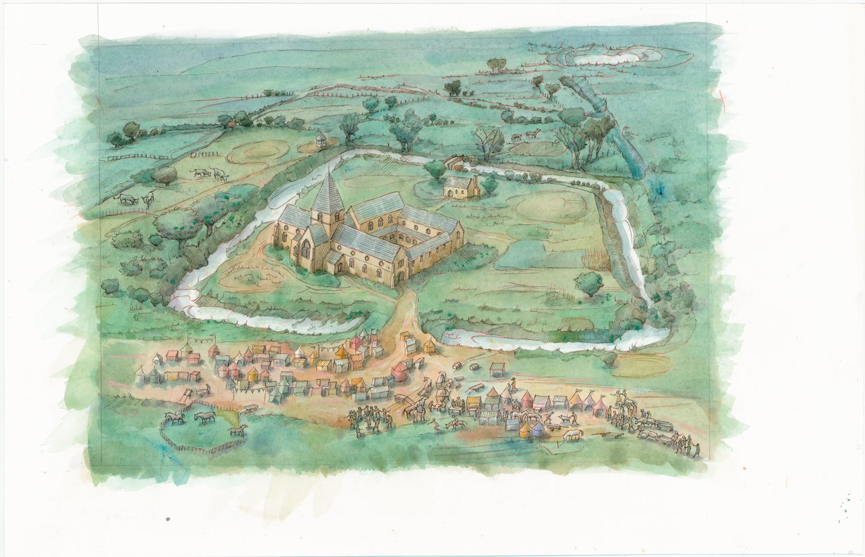 Een reconstructieschilderij met een schuin zicht op de Priorij van Latton zoals die er aan het eind van de 12e eeuw kan hebben uitgezien door Judith Dobie