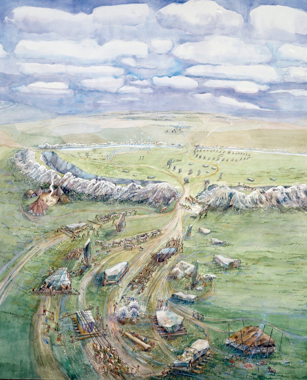 Avebury Henge in aanbouw (aquarel op papier) door Judith Dobie