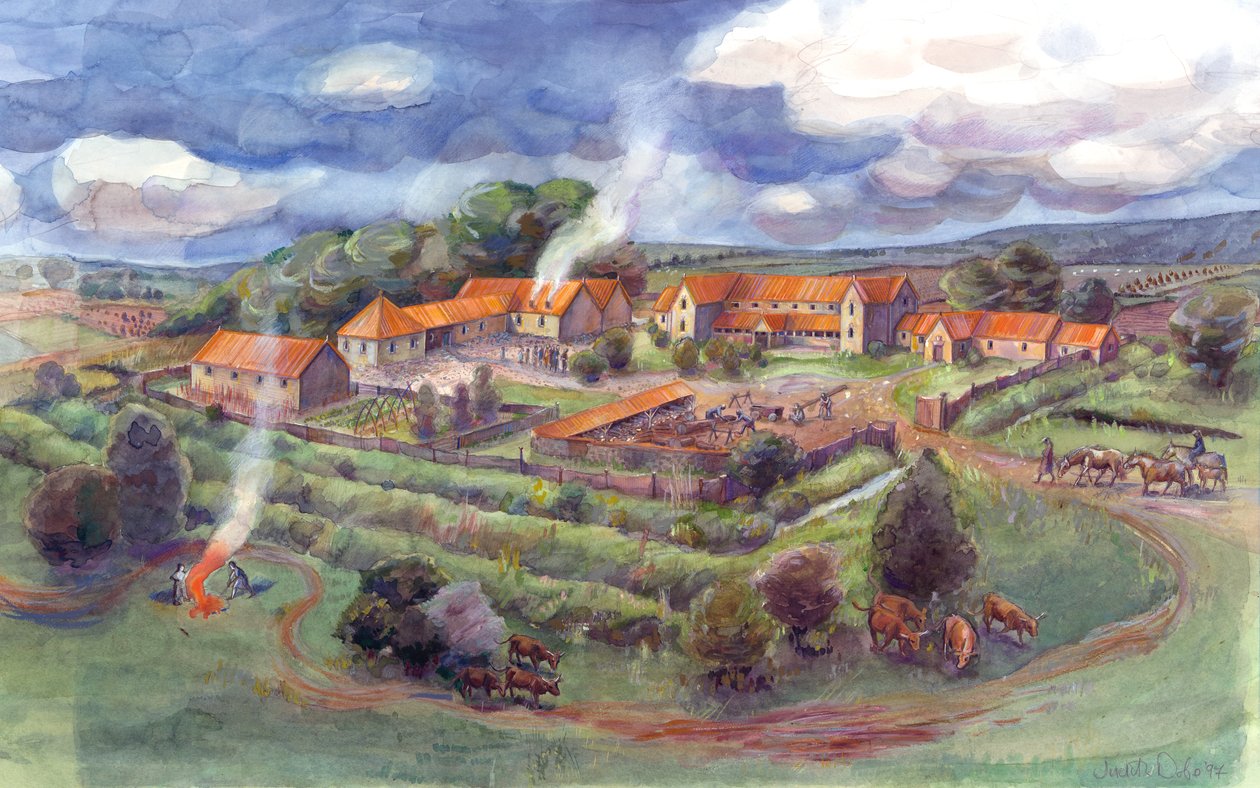 Gargrave Roman Villa, ook bekend als Kirk Sink Roman Villa (aquarel op papier) door Judith Dobie