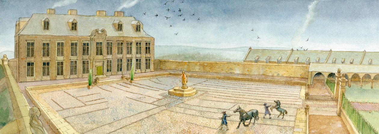 De banketzaal en het voorplein van het Cholmley herenhuis in Whitby Abbey in 1700 (aquarel op papier) door Judith Dobie