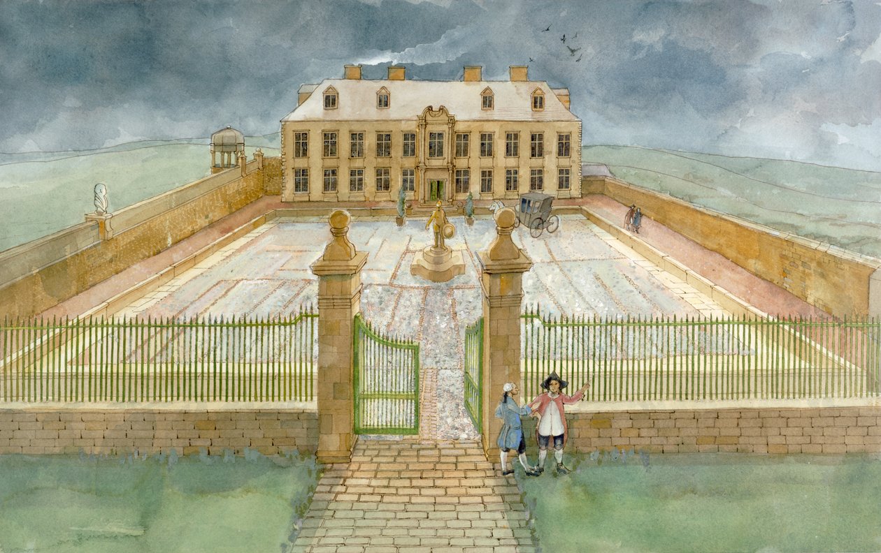 De banketzaal en het voorplein van het Cholmley herenhuis in Whitby Abbey in 1700 (aquarel op papier) door Judith Dobie