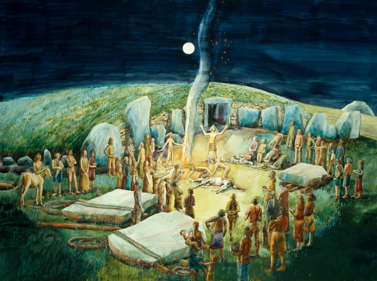 West Kennet Long Barrow, neolithische reconstructie (aquarel op papier) door Judith Dobie