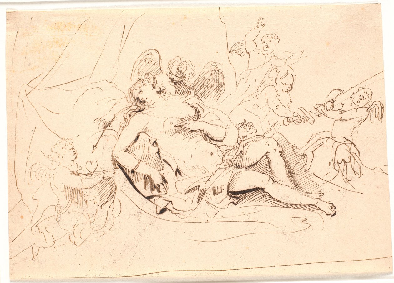Rustende Venusfiguur, omringd door zes putti die spelen met zwaard, pijl en hart door Jürgen Ovens