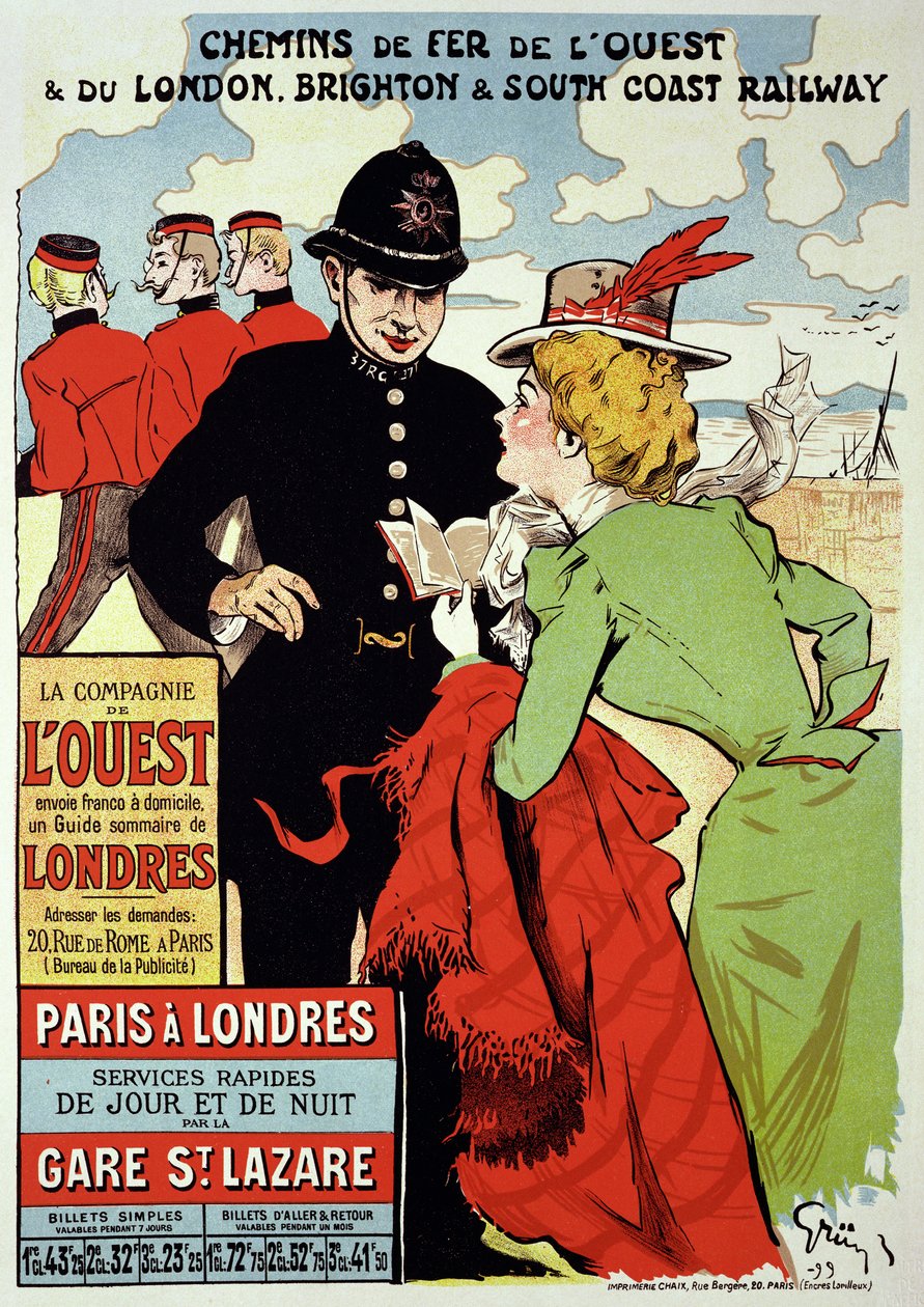 Reproductie van een poster die treinen van Parijs naar Londen adverteert, 1899 door Jules Alexandre Gruen or Grun