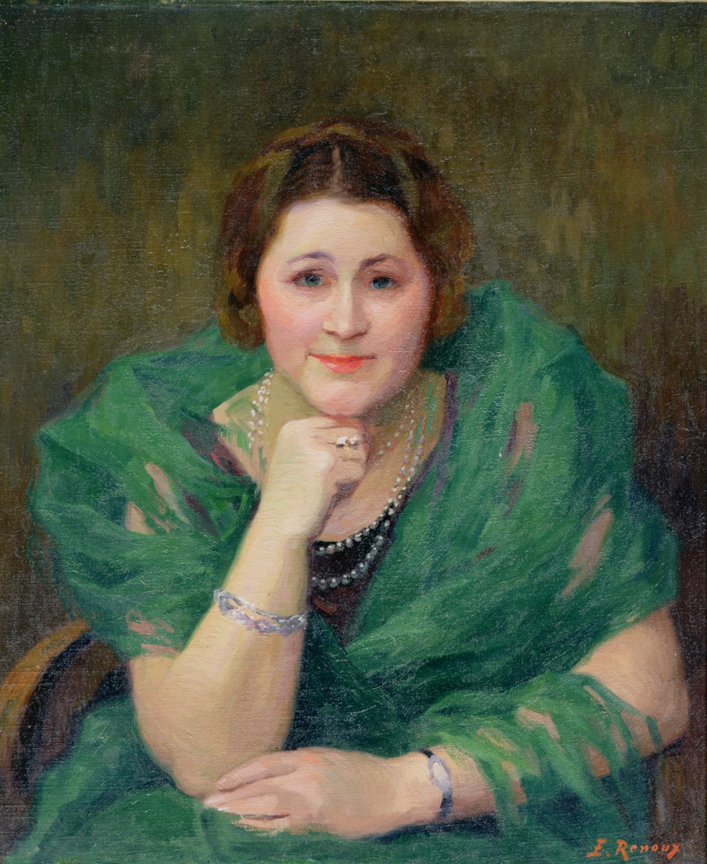 Portret van een Russische Vrouw met een Groene Sjaal door Jules Ernest Renoux