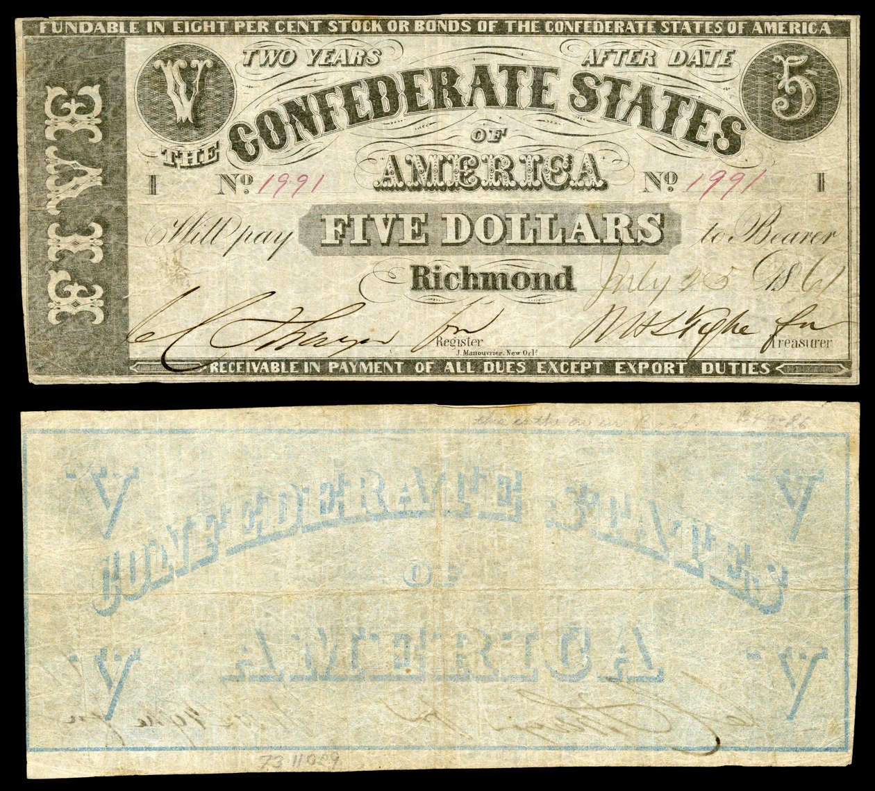 Tweede serie $5 bankbiljet van de Geconfedereerde Staten van Amerika. Geconfedereerde Staten van Amerika aan de voorkant, enige uitgegeven biljet van 1861 met een gedrukte achterkant. door Jules Manouvrier
