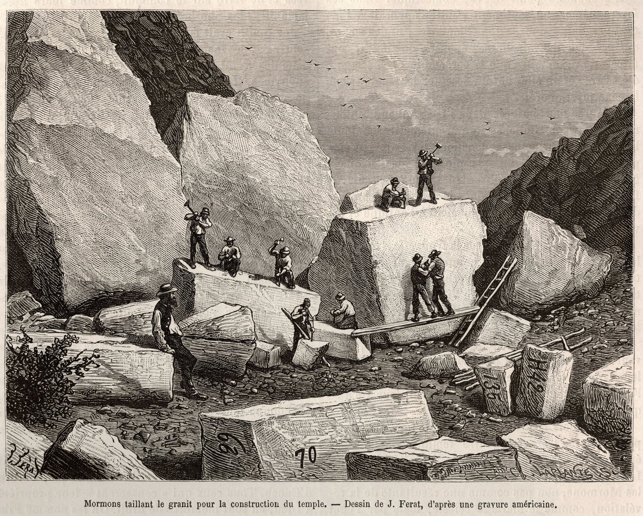 Mormonen hakken graniet voor de tempelbouw. Gravure naar de tekening van J.Ferat, ter illustratie van het verhaal La conquete blanche, door William Hepworth Dixon, in 1875, gepubliceerd in 