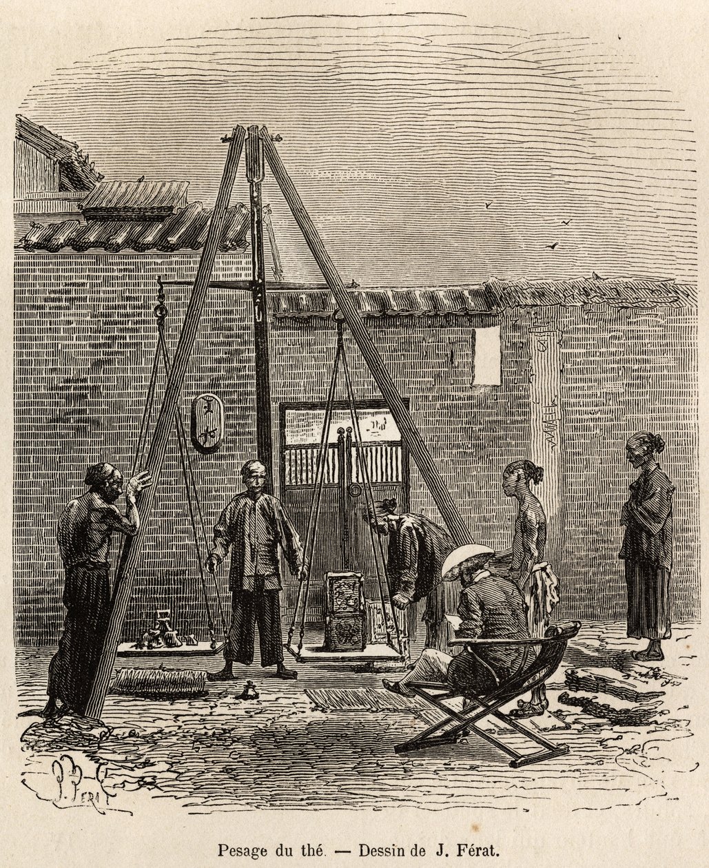 Het wegen van de thee voor verzending naar commerciële markten in een buskruitfabriek in Fati Bay (Canton Provincie), gegraveerd naar een tekening van J.Ferat ter illustratie van de reis naar China, door J. Thompson, in 1870-1872, gepubliceerd in 