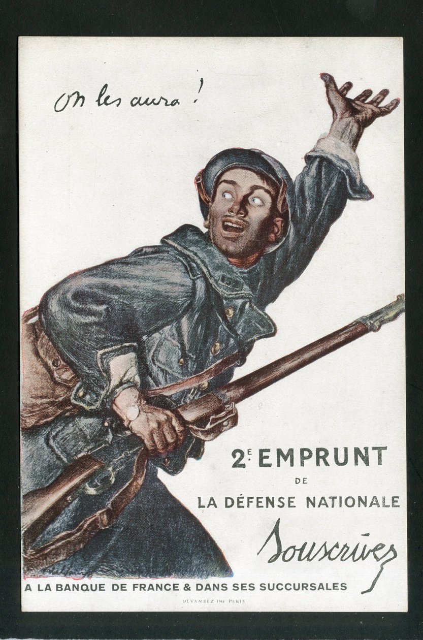 Ansichtkaart, Satirisch in Kleuren: Oorlog van 14-18, Lening, Patriottische Dagen - Soldaten Illustratie door Abel Faivre door Jules Abel Faivre