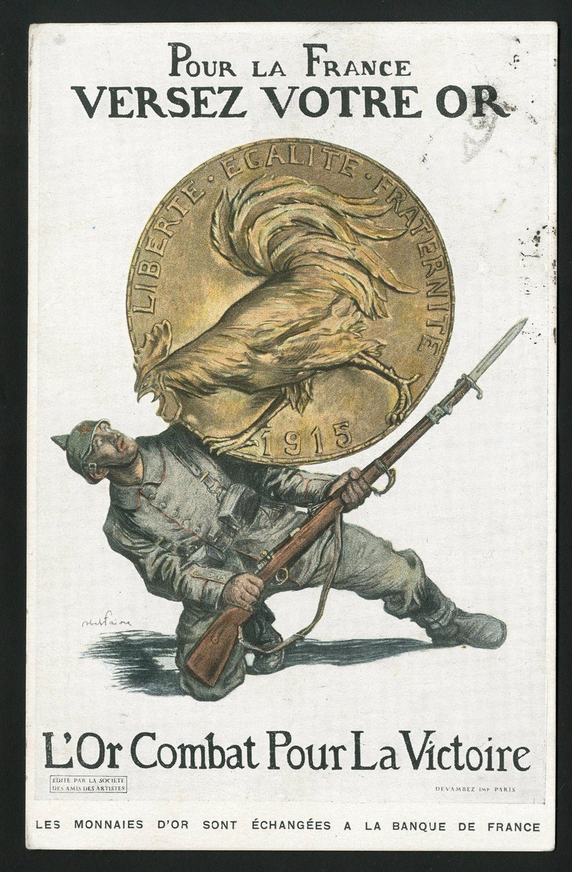 Ansichtkaart, Satirique in kleuren, circa 1915: Voor Frankrijk, Giet uw goud - Oorlog van 14-18, Duitsland Pruisen, Zilver, Belligeranten en symbolen, Overwinning, Lenen, Patriottische dagen - Haan - Illustratie door Abel Faivre (1867-1945) door Jules Abel Faivre