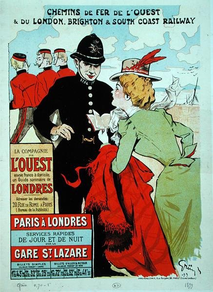 Poster die treinverbindingen van Parijs naar Londen voor de Compagnie des Chemins de Fer de l