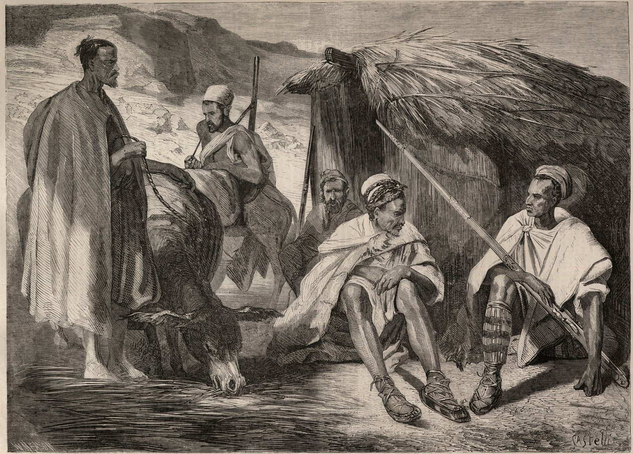 Kabylische stammen in Algerije in 1857. Gravure naar de tekening van Jules Rigo. Gravure in 