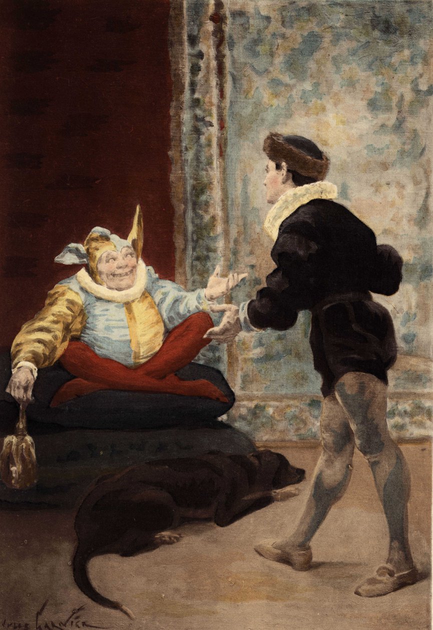 Discussie tussen Triboulet en Panurge. Illustratie van Jules Garnier. In "Rabelais en de werken van Jules Garnier". door Jules Arsene Garnier