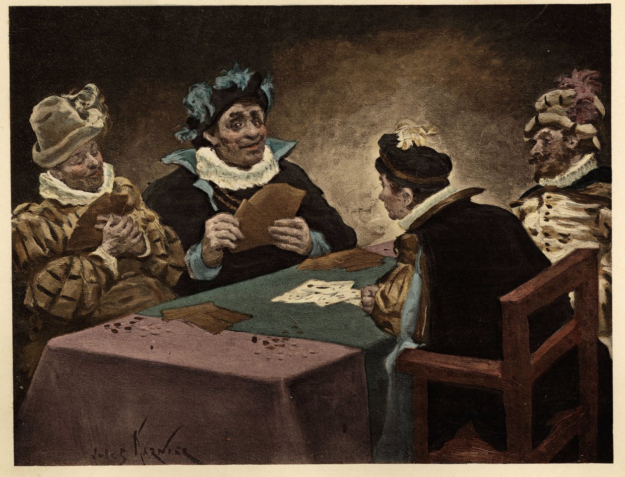 Kaartspelende mannen. Gargantua. Illustratie door Jules Garnier. In "Rabelais en de werken van Jules Garnier". door Jules Arsene Garnier