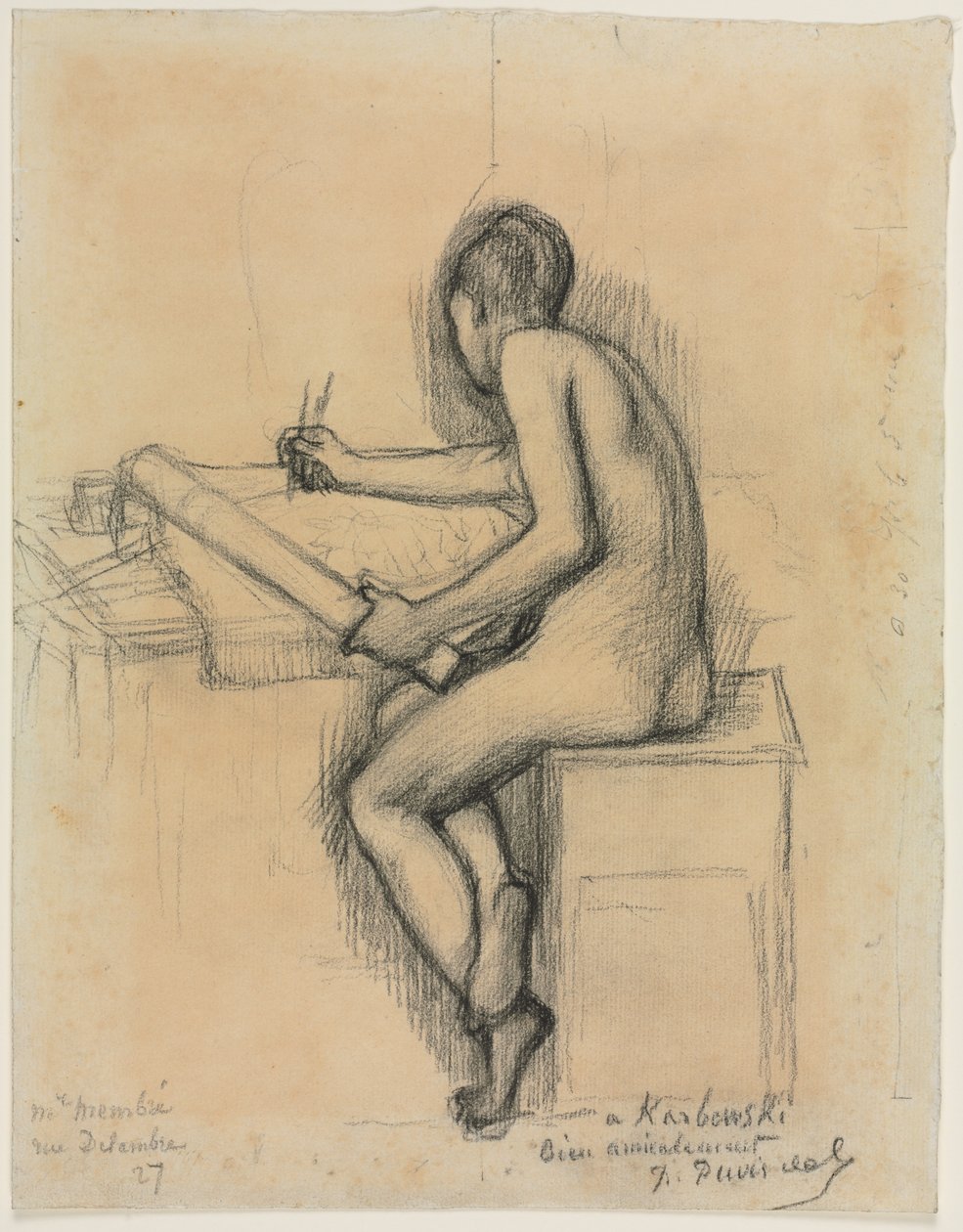 Studie van een zittend naakt vrouwelijk model dat tekent door Jules Bastien Lepage