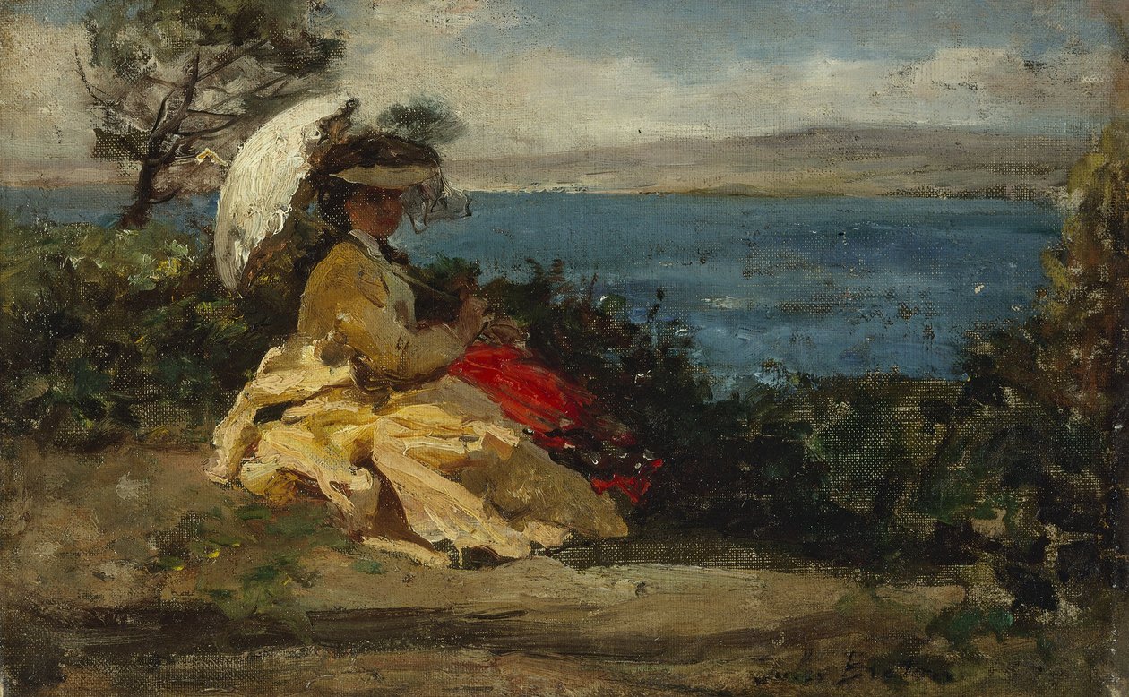 Vrouw met parasol, Baai van Douarnenez, tussen 1870 en 1875 door Jules Breton