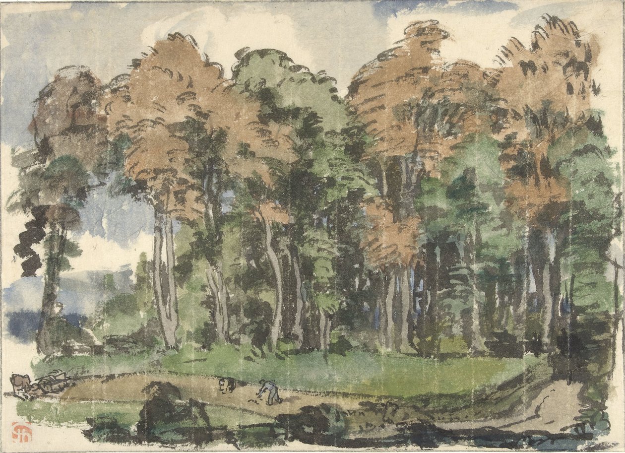 Weg aan een bosrand, met landlieden aan het werk door Jules Chadel
