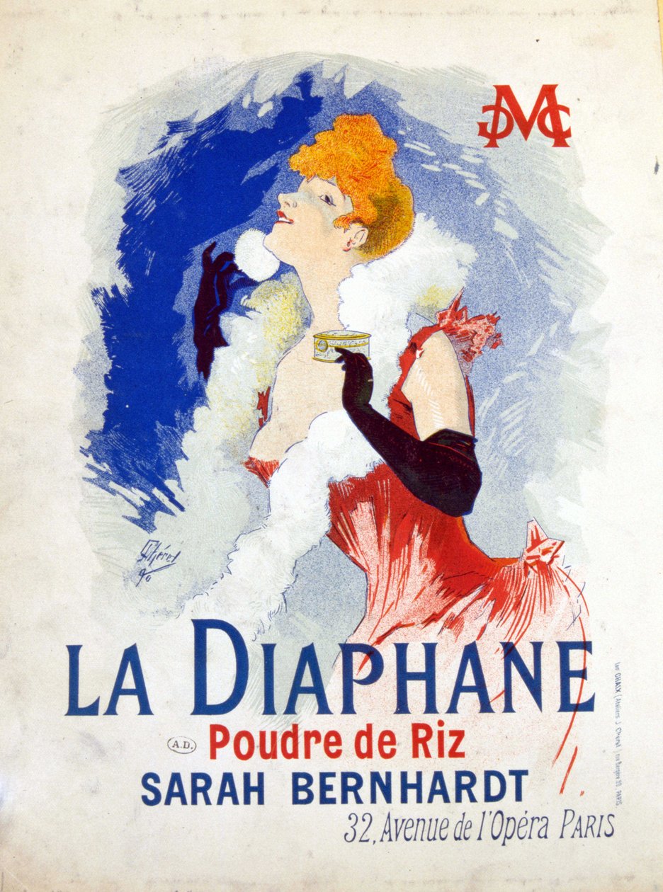 Reclame voor "La Diaphane: Rijstpoeder" Henriette Rosine Bernard, ook bekend als Sarah Bernhardt door Jules Cheret