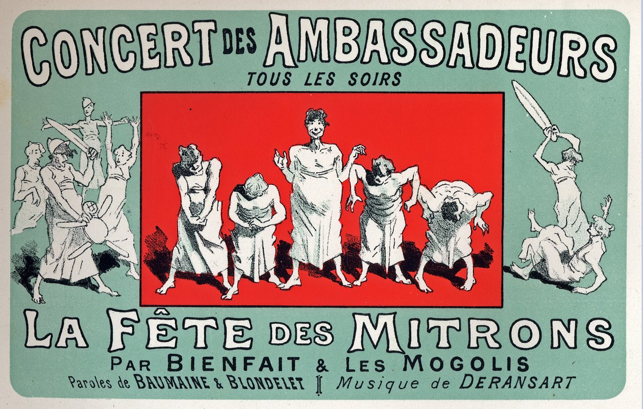 Kunst. Vermaak. Feest van bakkersjongens in het Cabaret: Concert des Ambassadeurs, Parijs. Poster door Jules Cheret, Frankrijk, ca. 1880 (poster) door Jules Cheret