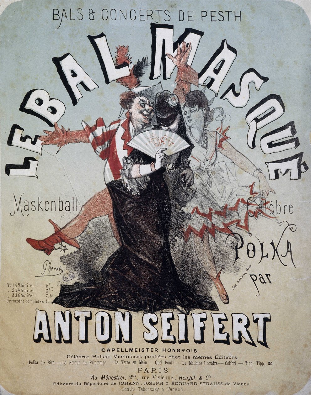 Bal en concert van Pesth: het gemaskerde bal (Maskenball, beroemde polka door Anton Seifert) - poster door Jules Cheret, n.d. door Jules Cheret