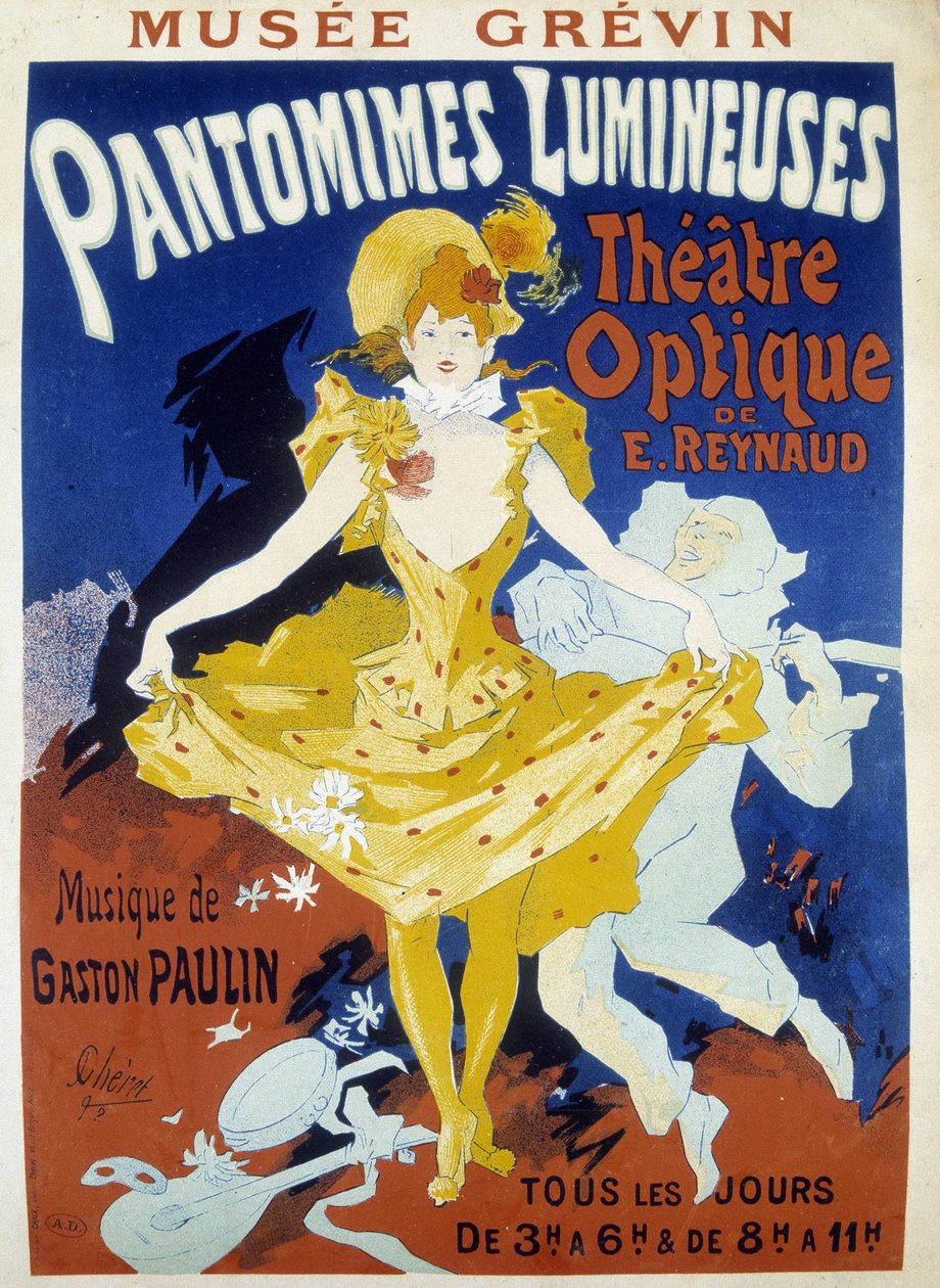 Danser en muzikant - poster voor de lumineuze pantomimes van Reynaud en Paulin in het Grévin museum door Jules Cheret