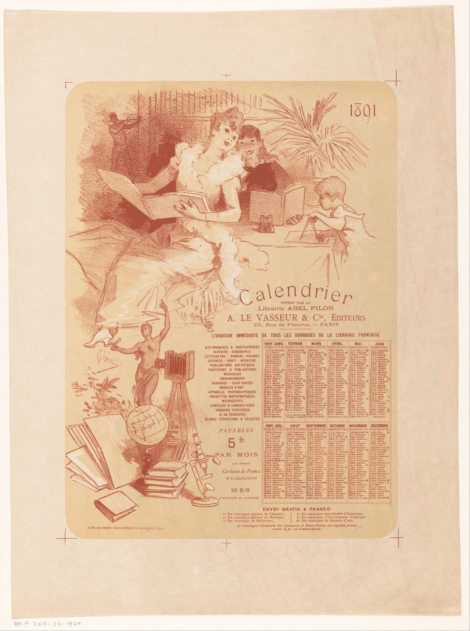 Kalender van boekhandel Abel Pilon en uitgeverij A. Le Vasseur & Cie voor het jaar 1891 door Jules Cheret