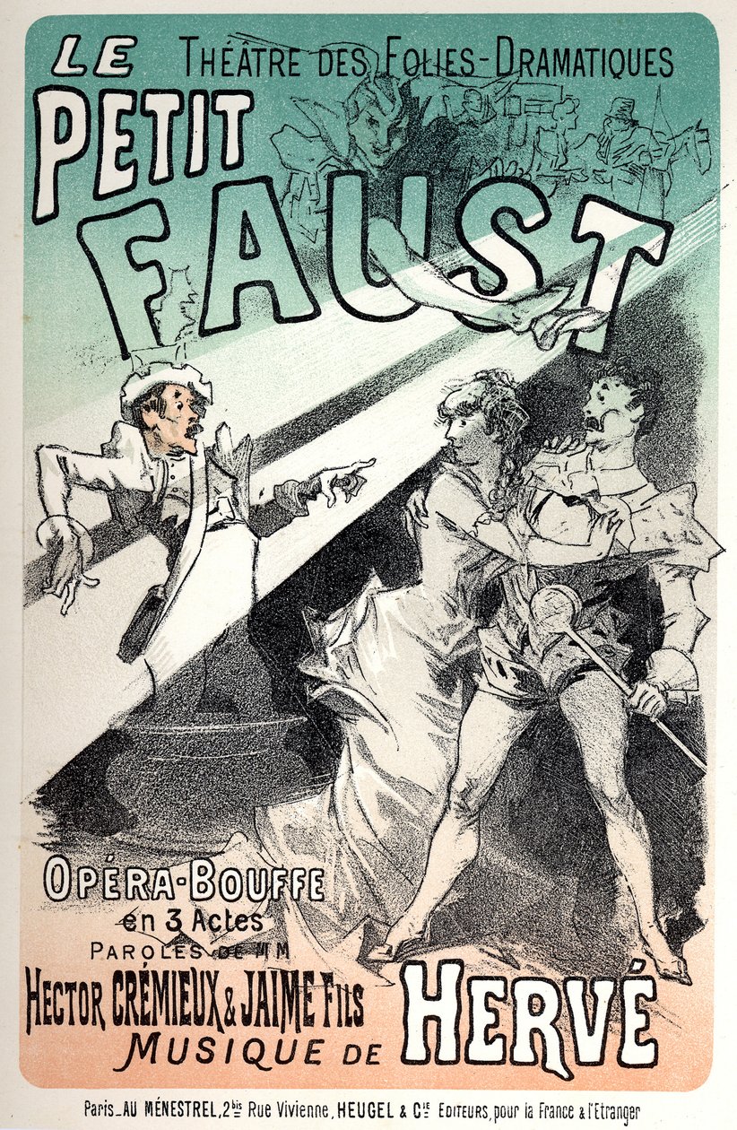 Muziek. De kleine Faust, operette door Herve. Poster door Jules Cheret voor een voorstelling in Parijs door Jules Cheret
