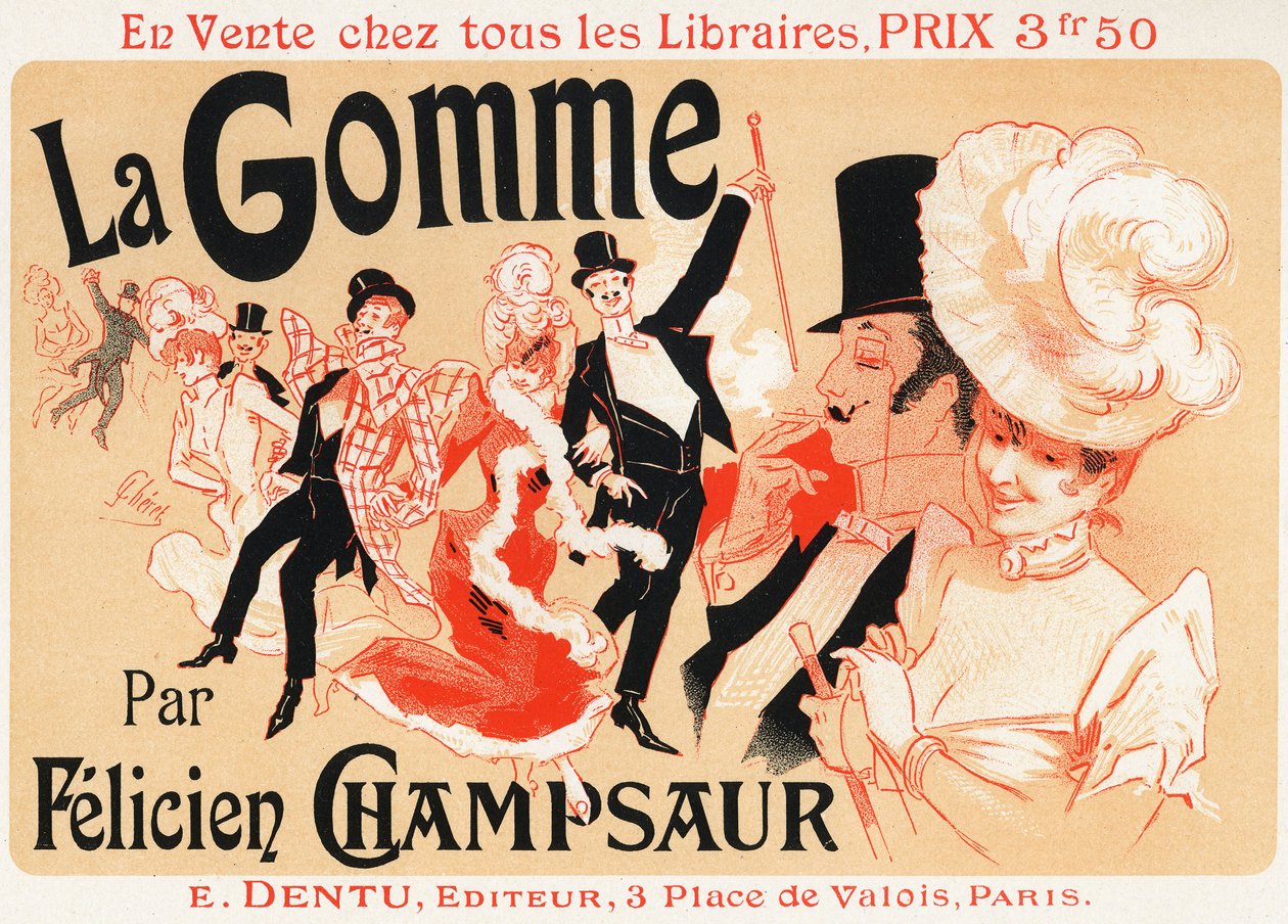 De minnaar De gum, roman door Felicien Champsaur, eind 19e eeuw (poster) door Jules Cheret