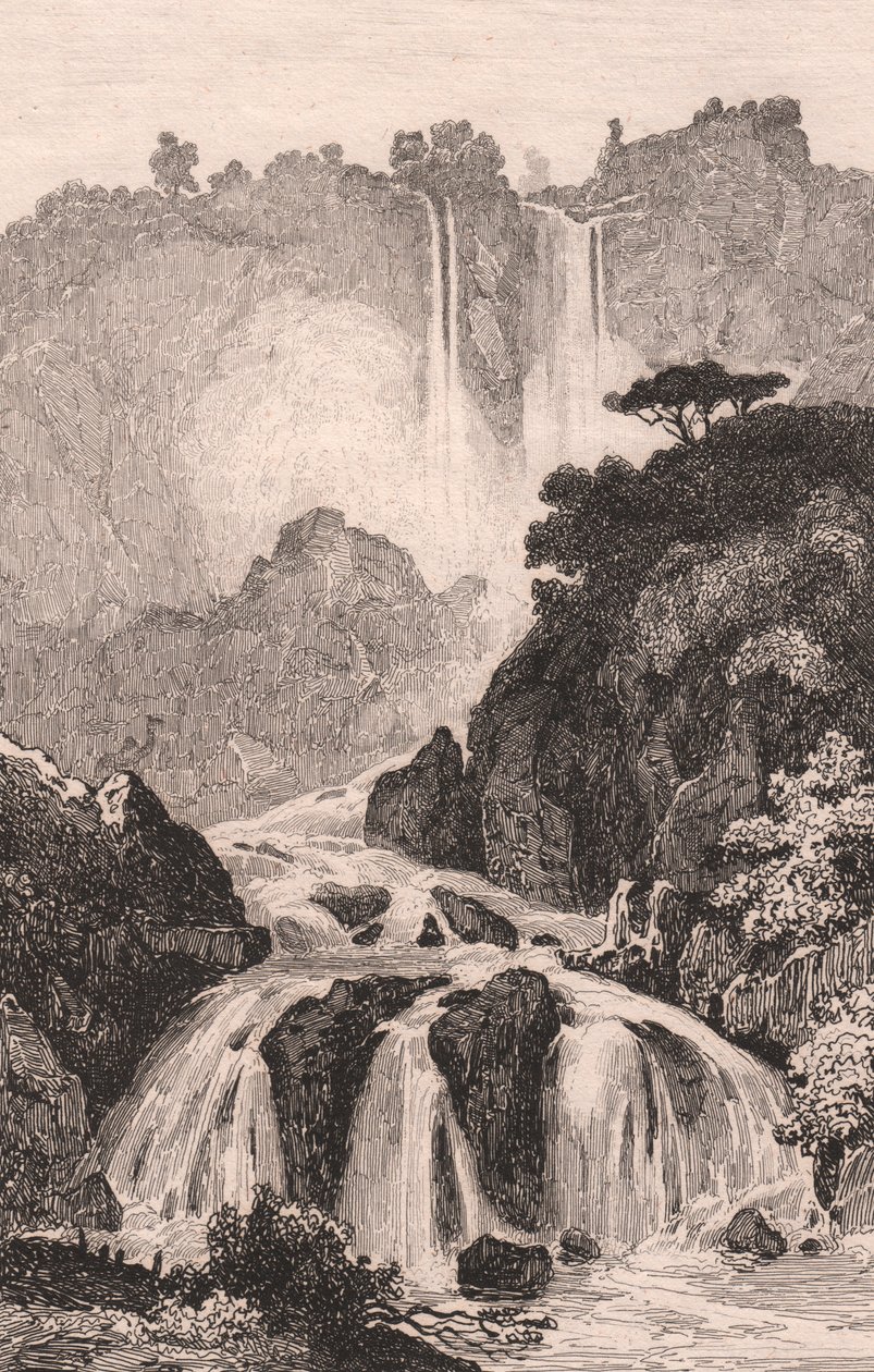 Uitzicht op de watervallen van Marmore nabij Terni, Umbrië, Italië, staalgravure naar tekening van Jules Coignet, circa 14x20 cm door Jules Coignet
