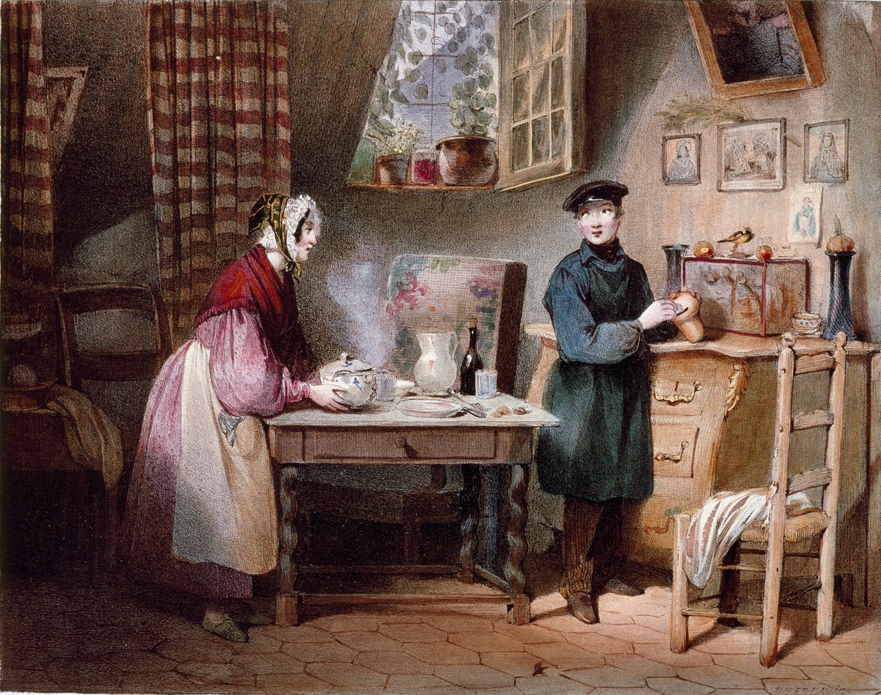 Economie. Jong stel in een huis: de vrouw zet een drankje op tafel en de man stopt een munt in een spaarvarken. Kleurgravure door Jules David (19e eeuw). Parijs, Musée Carnavalet door Jules David