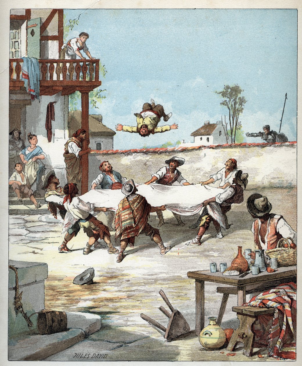 In de herberg wordt Sancho Panza mishandeld, hij roept zijn meester Don Quichot om hulp - Illustratie van Jules David (1808-1892) uit 