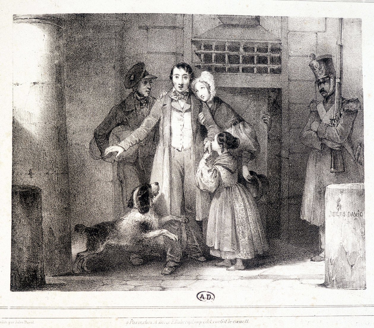 Man verlaat de gevangenis en wordt herenigd met zijn familie, ca. 1830. door Jules David