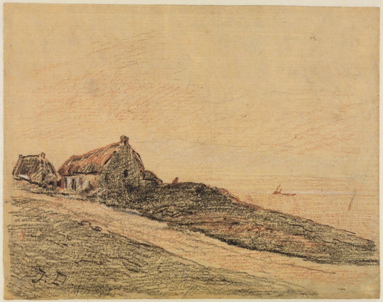Kustlandschap bij Cayeux met twee hutten door Jules Dupré