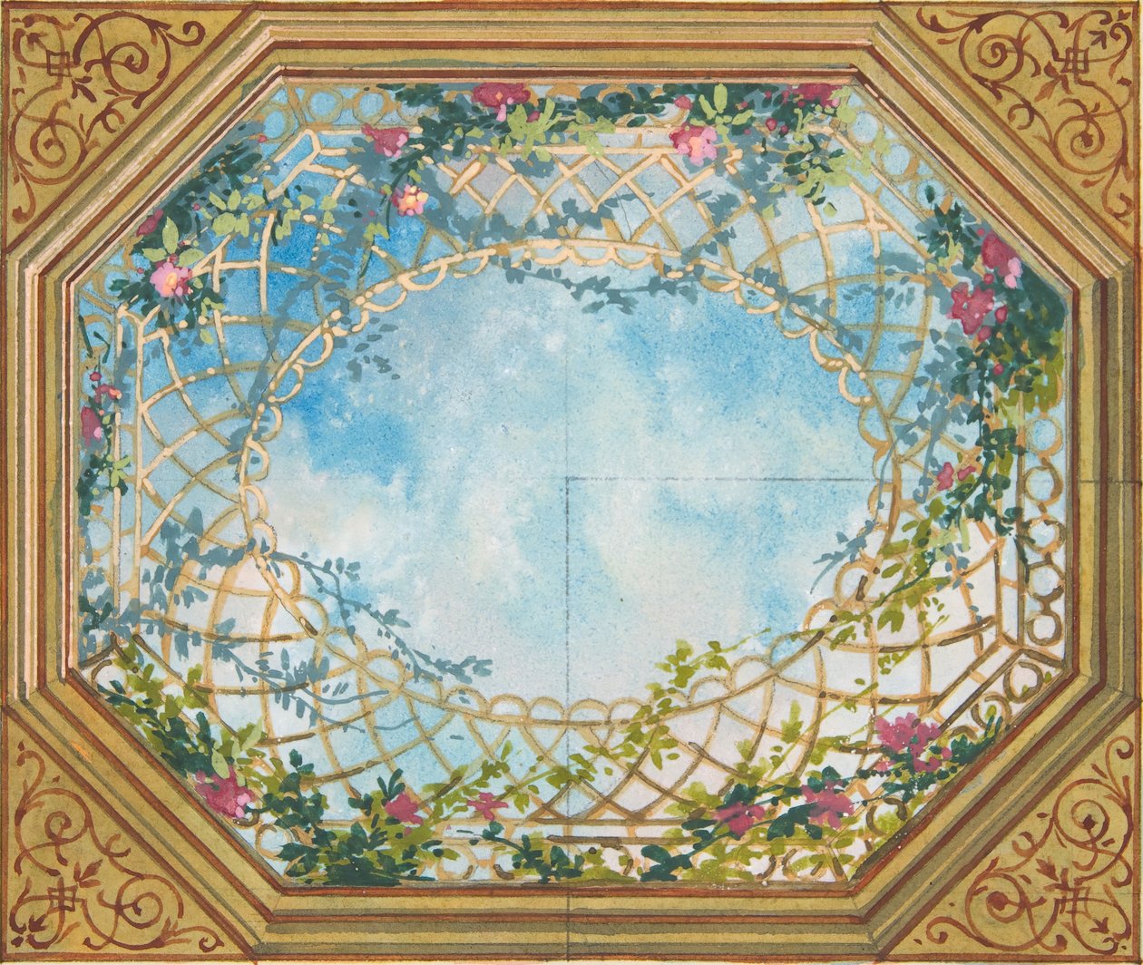 Ontwerp voor een plafond beschilderd met wolken, latwerk en rozen door Jules Edmond Charles Lachaise and Eugène Pierre Gourdet