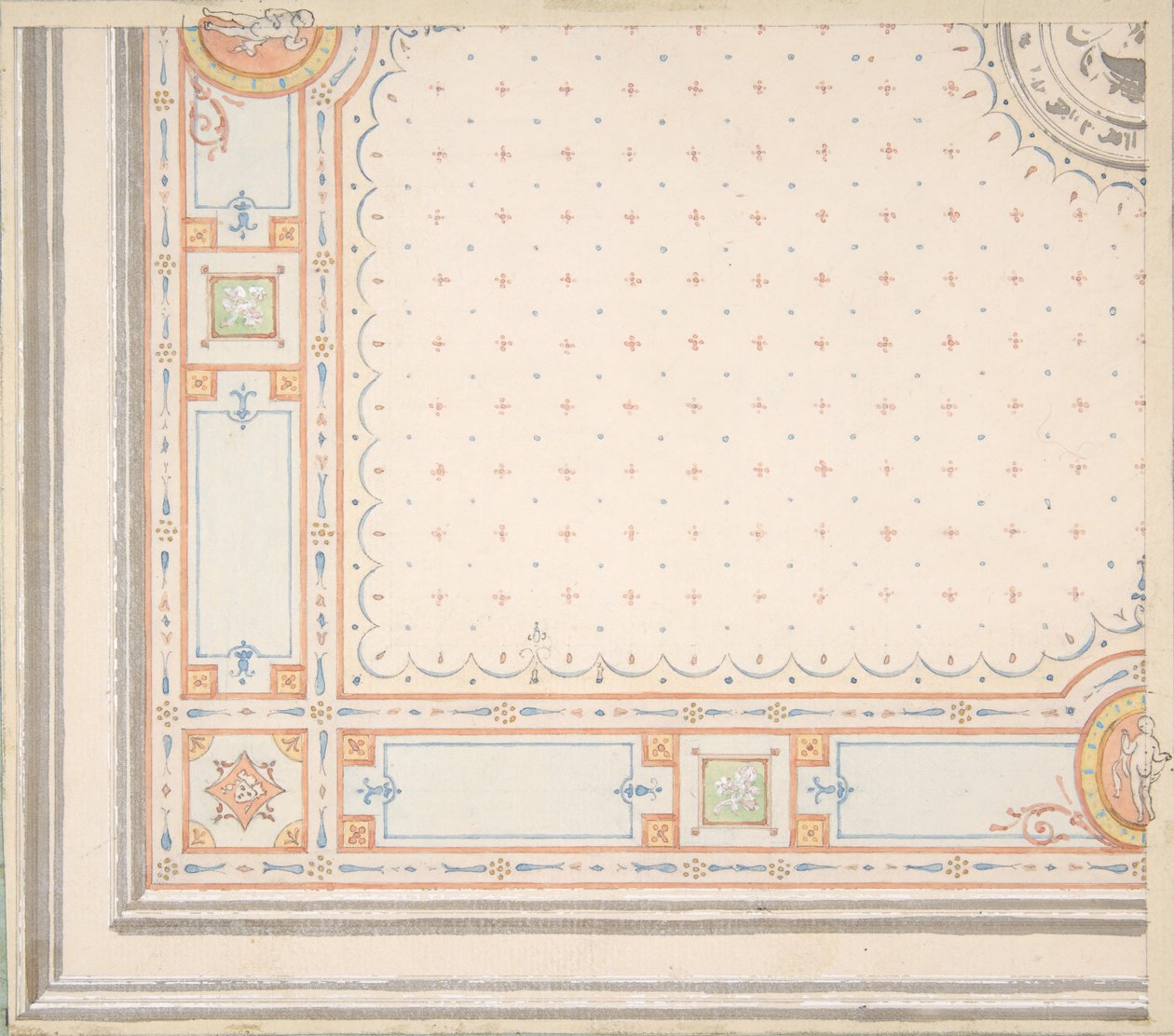 Ontwerp voor een plafond (recto), metingen met ontwerpcode (verso), tweede helft 19e eeuw. Makers: Jules-Edmond-Charles Lachaise, Eugène-Pierre Gourdet door Jules Edmond Charles Lachaise and Eugène Pierre Gourdet