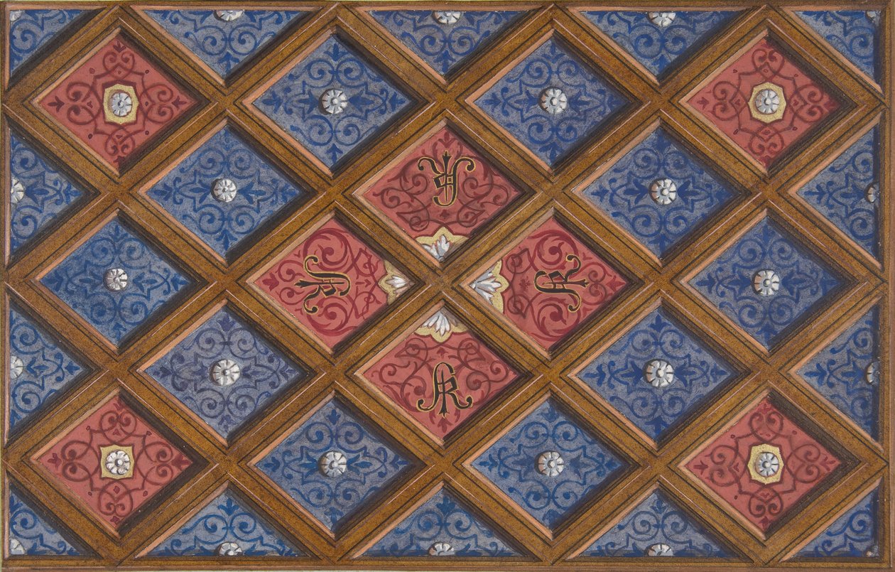 Ontwerp voor een cassetteplafond met geschilderde initialen: SRI, 1840-97 door Jules Edmond Charles Lachaise and Eugène Pierre Gourdet