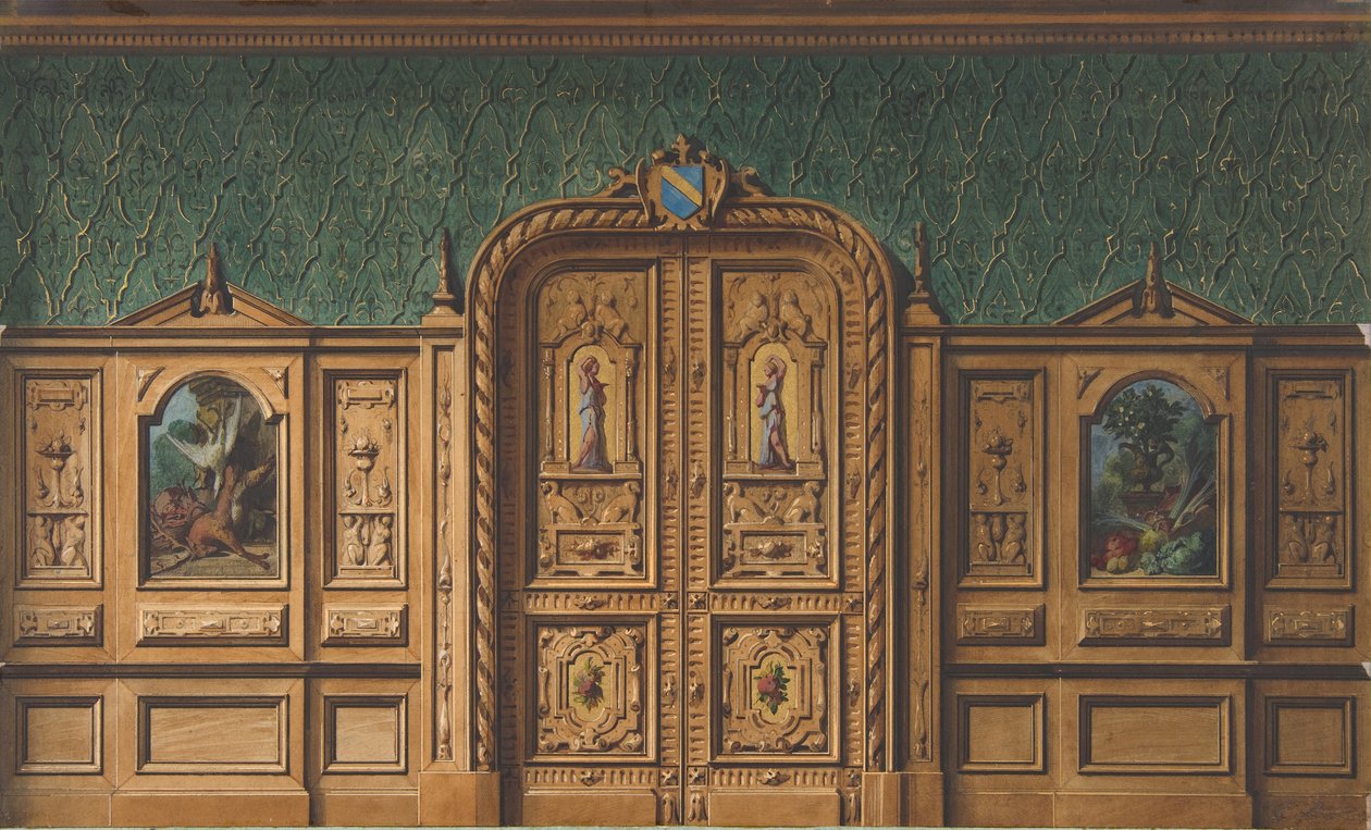 Ontwerp voor een kamer met houten panelen ingelegd met schilderijen en een zwaar bewerkte dubbele deur, 1830-97 door Jules Edmond Charles Lachaise and Eugène Pierre Gourdet